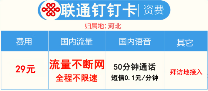 河北聯(lián)通釘釘卡29元包流量暢享+50分鐘（不限量不限速）