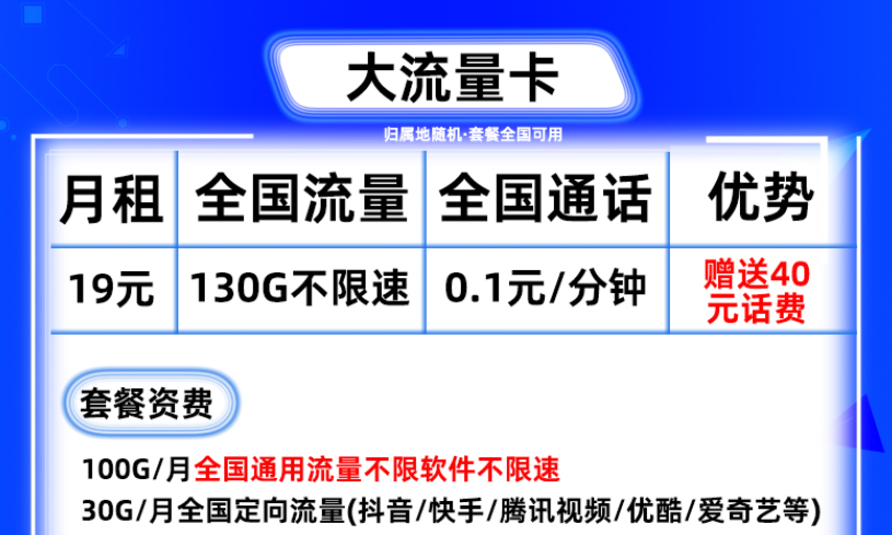 廣東廣州可用移動(dòng)流量卡 130G流量不限速月費(fèi)低至9元良心套餐