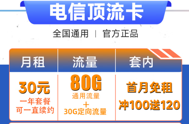 流量實(shí)用卡 每月30元可享110G通用流量 抖音快手隨便刷 首月免租 沖100送120