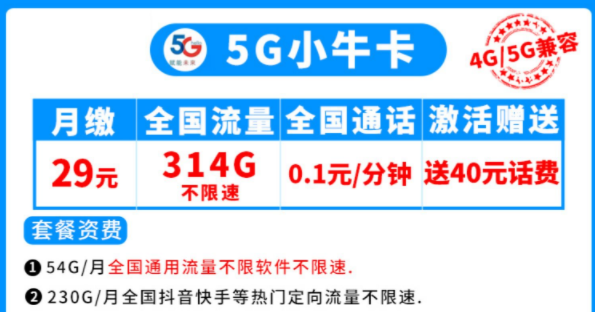 電信5G流量卡套餐推薦 小?？?00多G全國(guó)不限速流量首月免租手機(jī)卡