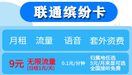 月租不超10元【聯(lián)通繽紛、落櫻卡】月租9元享無限流量（日結(jié)1元/天）歸屬地任選