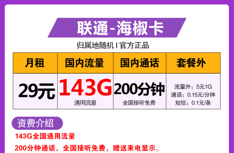 聯(lián)通海椒卡、福鑫卡、五?？ㄌ撞徒榻B 最低月租僅需9元享115G全國(guó)流量+語(yǔ)音+短信