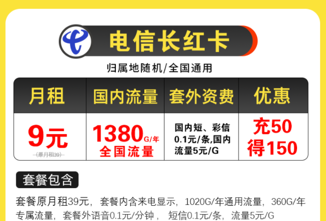 電信超值優(yōu)惠套餐有哪些？電信長(zhǎng)紅卡，月租9元包含125G全國(guó)流量/月不限速手機(jī)上網(wǎng)卡