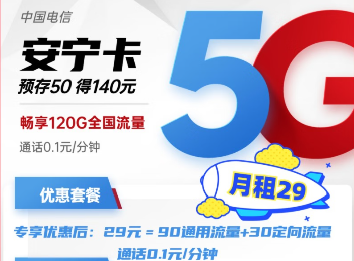 電信安寧卡29元月租包含90G通用+30G定向流量 預(yù)存50得140，更多好卡等你發(fā)現(xiàn)