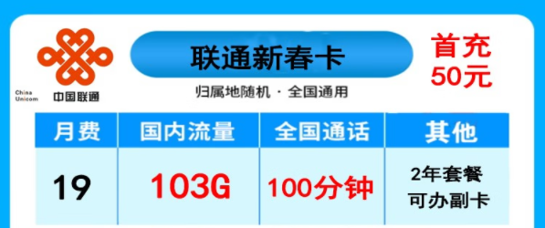 聯(lián)通新春卡19元103G+100分|天為卡29元100G|長(zhǎng)期卡30元月租87元+100分語(yǔ)音|長(zhǎng)期卡