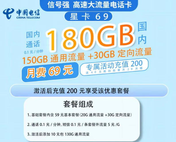 電信星卡的流量多嗎？69元流量星卡套餐寶150G通用流量+30G定向|超級(jí)劃算