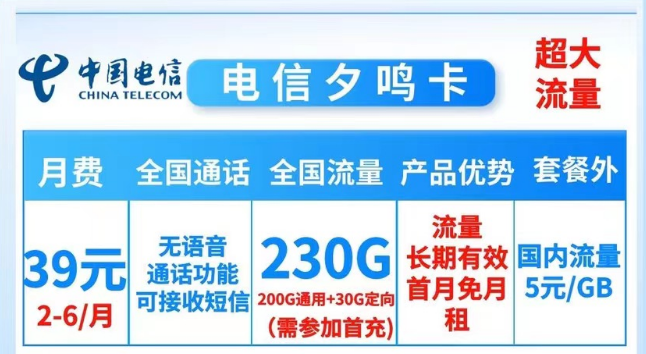 就沒有流量多的電信純流量卡了嗎？當(dāng)然有！電信夕鳴卡39元230G大流量|19元順和卡165G流量