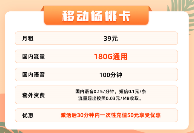 超值福利嗨翻天！超低月租大流量|移動楊桃卡+19元移動本地卡