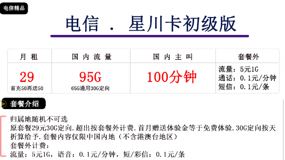 電信星川卡初級、中級卡|29元、39元|大流量免費領(lǐng)！