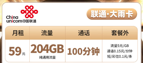 聯(lián)通大雨卡|204G純通用無定向、聯(lián)通云周卡|100G通用免費(fèi)領(lǐng)取！