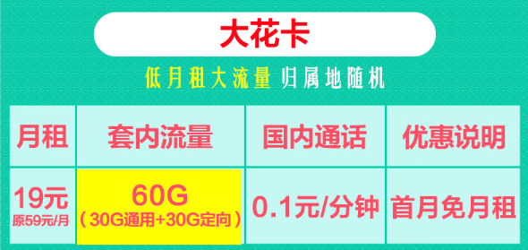 19元聯(lián)通大花卡60G流量+29元聯(lián)通黃金卡204G通用+100分鐘！